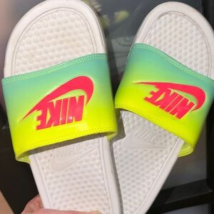 Nike Kids Slide Sandals - White and Neon Yellow